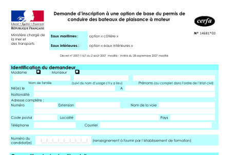 permis bateau, dossier d'inscription